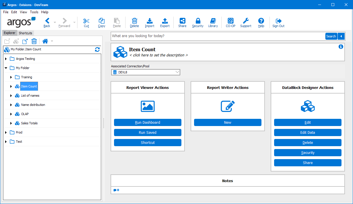 Main Argos screen when a report is selected, showing the available actions divided into groups for report viewers, report writers, and datablock designers.